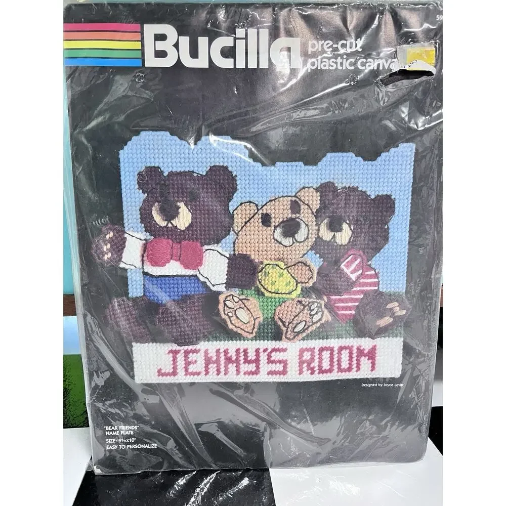VTG 80s Bucilla Craft Room‎ Teddy Bear Friends Personalizable Yarn Name Plate